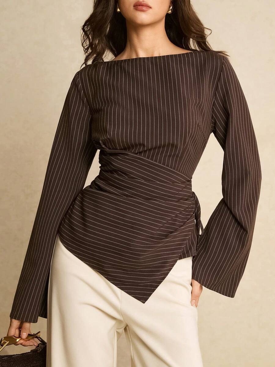 Poéselle Women's Casual/Office Commute Striped Print Boat Neck Flare Sleeve Ruched Side Tie Fitted Blouse, Spring/Autumn Dark Brown Top Striped Top Women Elegant Women's Blouses Spring Women - Khaki - View 1