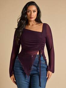 SHEIN BAE Camiseta de mujer talla grande de unicolor con cuello asimétrico, manga larga, dobladillo con cordón, dobladillo dividido, top de fiesta de té, top de mujer talla grande, top de verano para damas, top de fiesta para mujeres, Navidad, estilos acogedores de otoño e invierno, Acción de Gracias para mujeres, top de graduación, invierno para mujeres, top de noche, para mujeres talla grande, top formal, Año Nuevo, Día de San Valentín, top de cumpleaños talla grande, elegante, top sexy, top de cóctel - Café integral - Ver 3