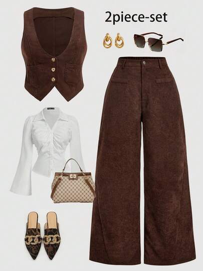 SHEIN MOD جاكيت جاكيت أمامية بأزرار مقاس كبير للشتاء والخريف والربيع، بنطلون كوردروي أنيق وبسيط للاستخدام اليومي، بنطلون واسع الساق بلون بني، بدلة قطعتين بياقة على شكل حرف V بدون أكمام بلون بني، بدلة ربيعية/صيفية