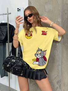 TOM & JERRY X SHEIN Áo thun cổ tròn tay ngắn họa tiết hoạt hình và chữ cái thường ngày dành cho nữ, mùa hè - trắng - Xem 4