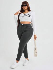 SHEIN Essnce 大码休闲纯色口袋日常百搭牛仔裤 - 灰色 - 查看 5