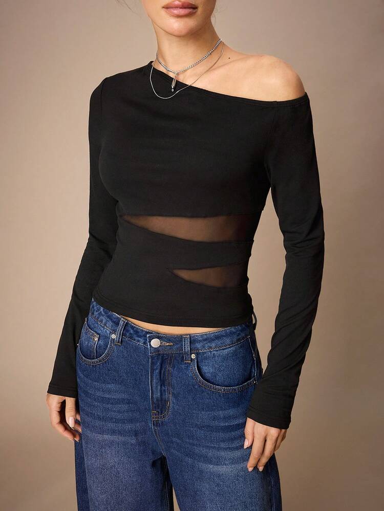 SHEIN Maija Women's Going Out Black Asymmetric Shoulder Top With Waist Mesh Inset Long Sleeve Mesh Top Black See Through Top Spring Women Valentine's Day Elegant Women's Top Spring To Summer