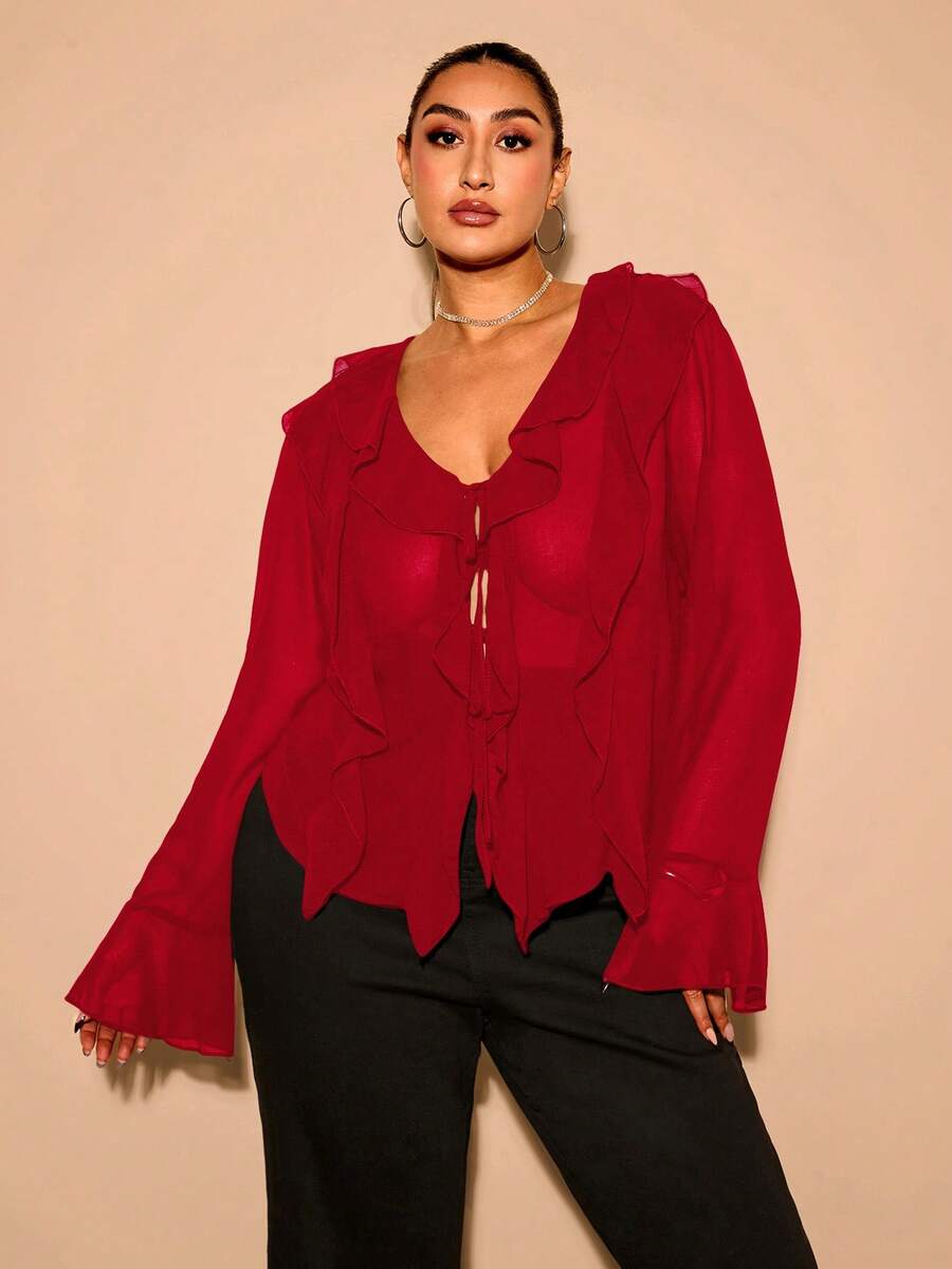 SHEIN BAE Plus Size Women Fall Elegant Sweet Sexy See-Through Chiffon Ruffle Trim Fit Long Sleeve Top Daily Wear - Red - View 1