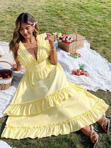 Roveilla 大码女式优雅纯色荷叶边系带长裙