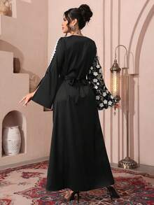 Al Najma Style Turkish Elegant Robe, Netted With Waist Belt, Long Sleeve - Black - View 7