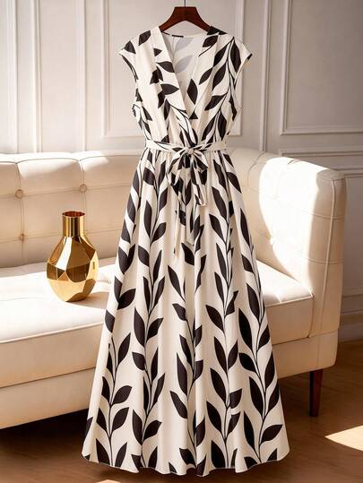 GlowEve CURVE Plus Size Women's Summer New V-Neck Sleeveless Fashion Loose Bohemian Leaf Print Maxi Dress, Vacation Style Elegant Tie Waist Slimming Long Dress, Suitable For Daily Wear, Music Festivals, Shopping, Gathering With Friends, Vacation And Beach