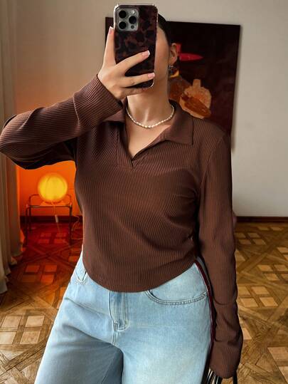 Dazy Plus 大码女式纯色弹力修身翻领短款长袖T恤，春秋季