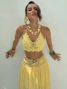 Conjunto 2 Piezas Mujer Top Punto Sin Mangas con Flores 3D + Falda, Estilo Halter de Ganchillo y Gasa, Diseño Bohemio Tropical, Ideal para Verano, Playa, Vacaciones, Otoño e Invierno, - Amarillo - Ver 6