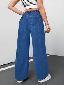 SHEIN PETITE CURVE Blugi largi pentru femei, mărime plus, casual, de zi cu zi, simpli și versatili, lejeri, cu picior larg - Spălare medie - Vizualizare 2