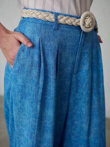 MOTF PREMIUM Quần dài ống rộng in họa tiết denim giả vải lanh dành cho nữ, kèm thắt lưng, mùa xuân/hè. - Màu xanh nhạt - Xem 2