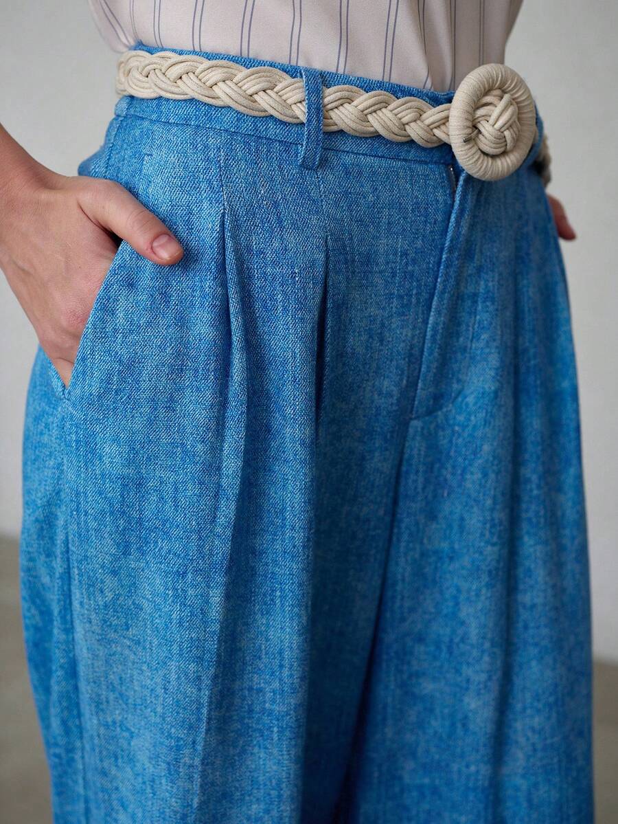 MOTF PREMIUM Quần dài ống rộng in họa tiết denim giả vải lanh dành cho nữ, kèm thắt lưng, mùa xuân/hè. - Màu xanh nhạt - Xem 2