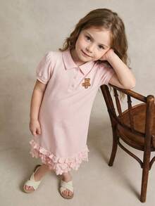 PrepCrw 女童荷叶边下摆 Polo 领泡泡袖连衣裙 - 粉色 - 查看 9