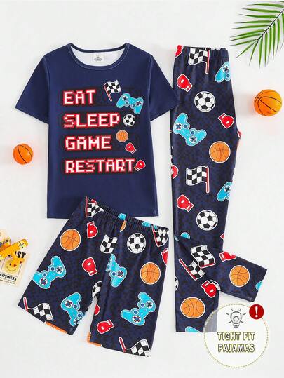 3pcs/Set Boys' Snug Fit Video Game, Flag, Basketball Graphic Print Short Sleeve T-Shirt, Shorts And Pants Loungewear Set, Comfortable Fabric Suitable For Cool Gamers And Sports Lovers