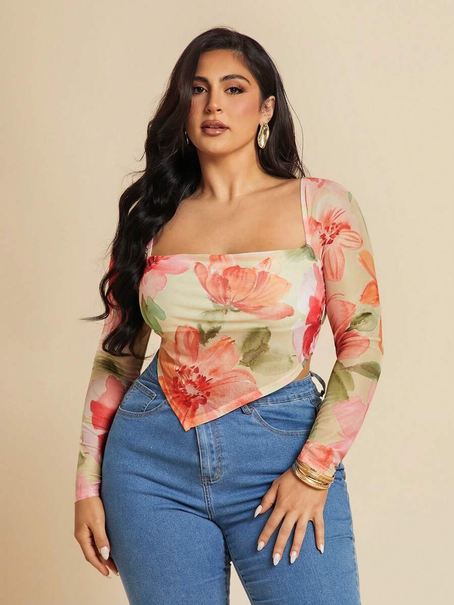 SHEIN BAE 大码女式方领透视网眼长袖镂空衬衫，适合休闲穿着、外出、约会、下午茶、度假、春夏季 - 黃色 - 查看 1