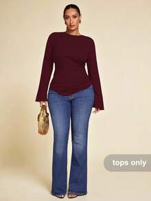 SHEIN BAE Plus Size Women Autumn Knit Long Sleeve Ruched Asymmetric Hem Top - Burgundy - View 8