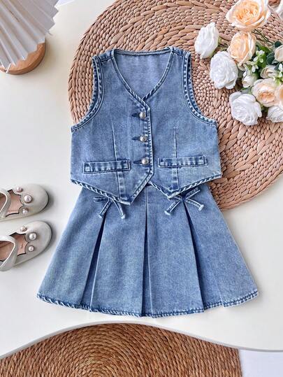 LMoss Kids 2件套 女童牛仔无袖背心和百褶裙