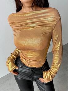 Almamuse Women's Elegant Pleated Turtleneck Long Sleeve Bodysuit, Holiday Edition, Metallic Fabric Gold Top Women Gold Bodysuit Gold Blouse Gold Crop Top Metallic Top - Brown - View 4