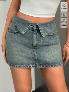 EURMUSE Low Waist Belt Detailed Mini Denim Skirt - Medium Wash - View 4