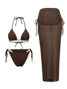 Bonvoyette 女士夏季新款度假风露背系带裤，侧系腰褶皱罩衫，三件套比基尼