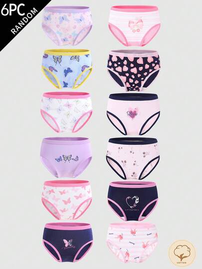 少女三角内裤 - 惊喜盲盒，12 种款式随机 6 种 - 春夏甜美可爱蝴蝶爱心图案，紫粉色系纯棉打底内裤 - 少女三角内裤 6 条装组合套装