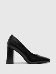 CUCCOO BIZCHIC Women's Square Toe Chunky Heel PU Leather Slip-On Shoes, Fashionable Minimalist Comfortable For Daily, Party, Banquet Valentine's Day - Black - View 2