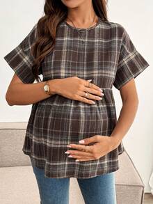 SHEIN 格子印花圆领休闲百搭孕妇短袖衬衫 - 彩色 - 查看 5