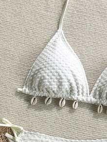 少女白色细肩带米色贝壳纹理比基尼套装，夏季沙滩露背细肩带三角泳衣套装，夏季沙滩泳装，夏季沙滩，假日 - 白色 - 查看 5