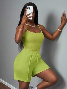 Slaydiva 新款春夏休闲基础运动风U领背心+五点式齿条装饰运动裤 白色女式两件套-A - 橄欖綠 - 查看 7