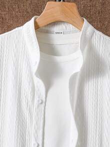 SHEIN Tween Boy Casual College/Textured Fabrics Stand Collar Shirt, Versatile For Commute, School, Daily Casual Wear, Suitable For Sports, Spring/Summer - White - View 4