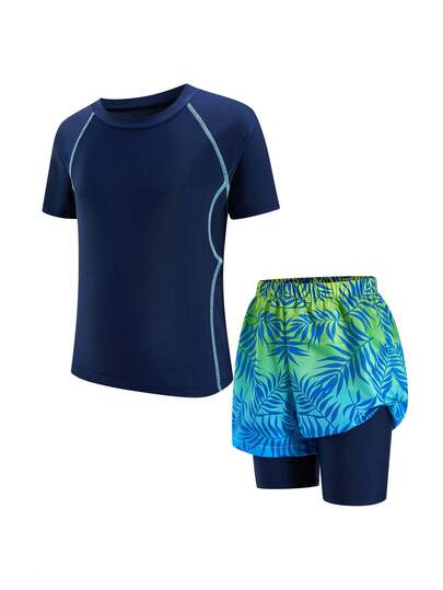 SHEIN 2pcs/Set Kids Tween Boy Casual Sports Solid Color Crew Neck Fitted Rash Guard And Print Beach Shorts Swimsuit Set Suitable For Spring/Summer Season And Beach Vacation