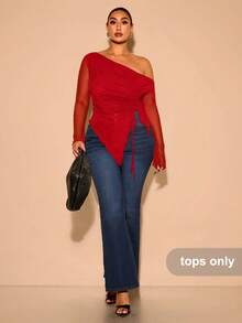 SHEIN BAE Plus Size Women Summer Mesh Drawstring Side Top, Elegant Holiday Party, Suitable For Birthday And Valentine's Day - Red - View 7