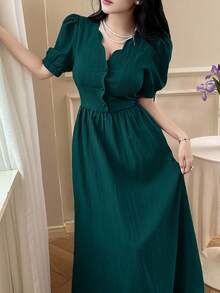 Feyla Women's Solid Color V-Neck Ruffle Sleeve Elegant Long Dress - Lake Blue - View 5