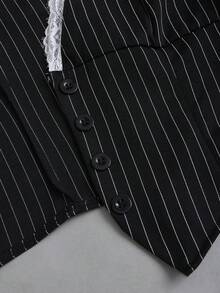 Sweetra Women's New Fashion Classic Versatile Suit Two Pieces Set, Black & White Striped Contrast Lace Sleeve Cardigan + Versatile Short Sleeve Two Pieces Suit Set