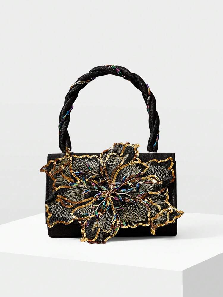 STEREO FLORAL FAUX PEARL DETAIL EVENING BAG