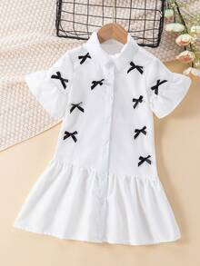 Elladie kids 女童白色中长款短袖喇叭袖蝴蝶结纽扣前开襟甜美休闲连衣裙，夏季两件套女童白色休闲连衣裙，女童连衣裙，儿童女童星形衬衫半身裙两件套，儿童水手服连衣裙，女童黑白教堂连衣裙，儿童白色百褶连衣裙，女童亲子装，姐妹亲子装，白色可爱连衣裙，女童连衣裙，白色印花连衣裙，女童休闲连衣裙，女童翻领连衣裙 - 白色 - 查看 8