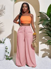 Slaydiva Quần dài nữ màu xanh lá cây họa tiết hình học ống rộng, thích hợp cho kỳ nghỉ, lễ hội/ngày lễ. - Hồng - Xem 3