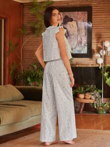 Lullawish 波西米亚格子花卉图案荷叶边蝴蝶结睡衣套装，女士家居服套装，夏季睡衣套装，两件套睡衣套装，女士两件套睡衣套装 - 彩色 - 查看 2