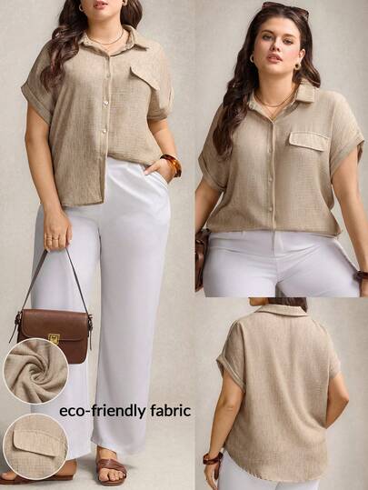 Zelara 大码纯色前开襟休闲百搭短袖衬衫