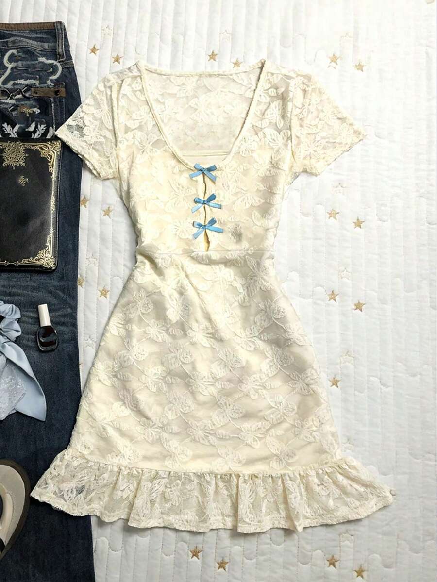 SHEIN Women's V-Neck Short Sleeve Bow Decor Casual Mid-Length Dress - Apricot - View 1