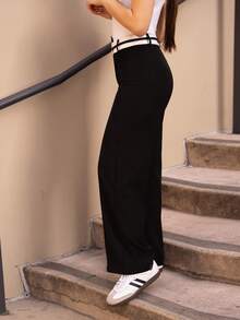 Andrea Bello 黑色不对称腰带复古学院风百搭女士西装裤秋季衣服商务休闲女式阔腿正装裤 - 黑色 - 查看 4