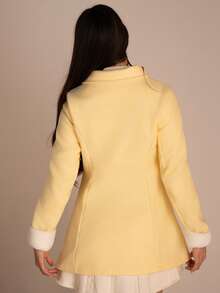 Andrea Bello Women's Asymmetric Collar Design With Fur Cuff, Cinched Waist Waist Elegant Overcoat For Daily Commute - Yellow - View 2