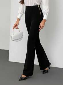SHEIN Tall Zipper Detail Flare Pants Fall/Winter Women Back To School Modest Vintage Old Money Teacher For Women Airport, Tall Women - Black - View 5