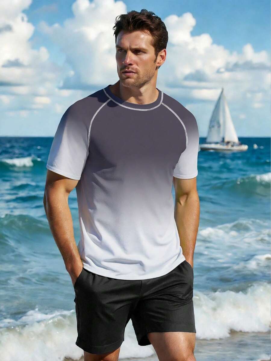 Manfinity Swimmode Men's Gradient Raglan Sleeve Round Neck Casual Rash Guard - Light Grey - View 1