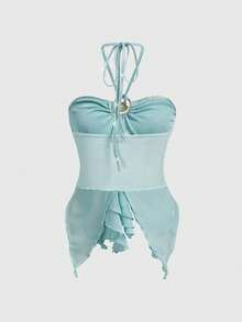 ROMWE Avant Summer Vacation Sexy Ocean Shell Decor Patchwork Hem Bandeau Mermaid Maxi Skirt Plus Size 2 Pieces Set - Baby Blue - View 7