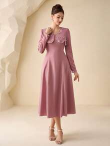 Modelyn Women's Spring/Summer Knitted Pink Long Sleeve Bubble Pearl 2 In 1 Cinched Waist A-Line Elegant DressElegant Pink Peter Pan Collar Pearl Detail A Line Midi Dress With Puff Long SleevesWomen's Sophisticated Dull Pink Pearl Embellished Peter Pan Collar Long Puff Sleeve A Line Midi Dress - Pink - View 4