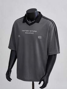 SWAVVY Camisa polo casual de verano para hombres con estampado de letras y ribete de contraste - Gris - Ver 1