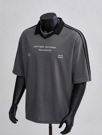 SWAVVY Camisa polo casual de verano para hombres con estampado de letras y ribete de contraste