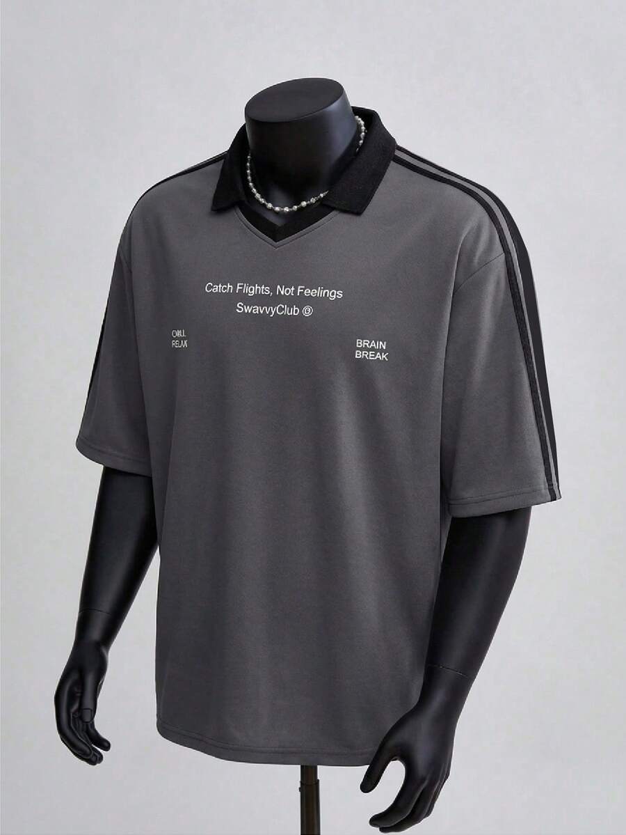 SWAVVY Camisa polo casual de verano para hombres con estampado de letras y ribete de contraste - Gris - Ver 1