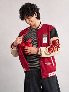 Open Phase 男士秋冬新款字母刺绣棒球长袖夹克 - 酒紅色 - 查看 7