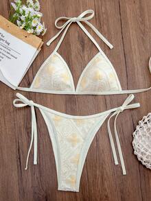 Swim Mod Casual Women's White Halter Bikini Set With Plants Pattern And Tie Side Bottom - White - View 6